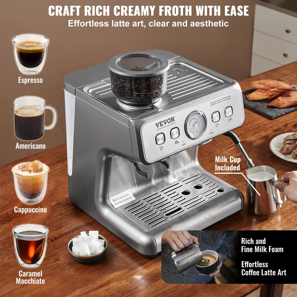 VEVOR 15 Bar Semi Automatic Espresso Machine With Integrated Grinder