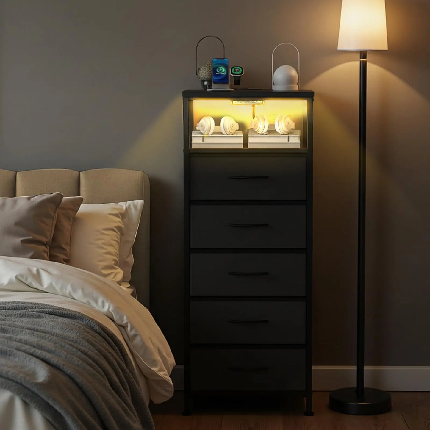 JHK Five-Drawer Dresser Nightstand With Charging Station And Outlets
