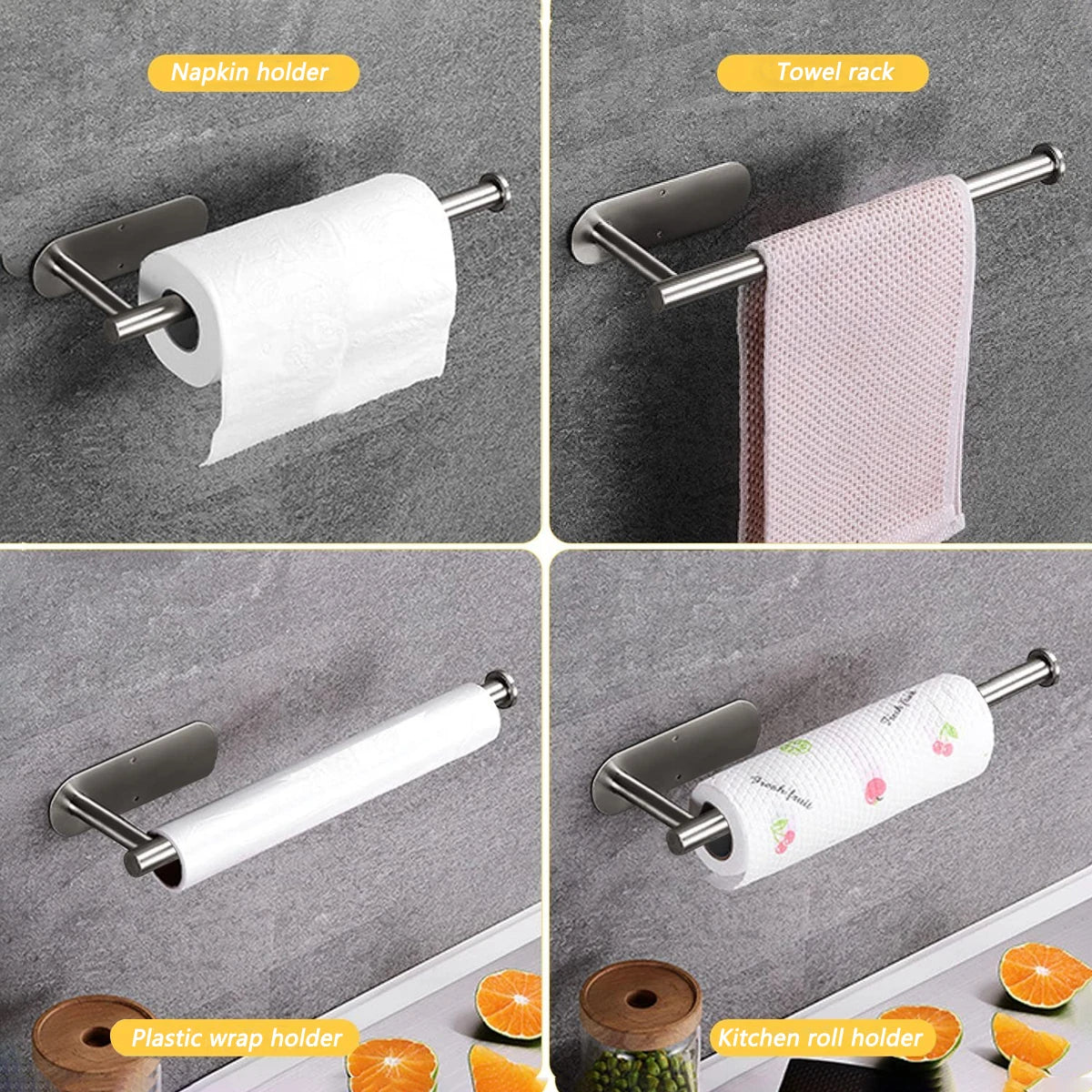 Adhesive Metal Paper Towel Holder Kitchen Bathroom Storage Rack