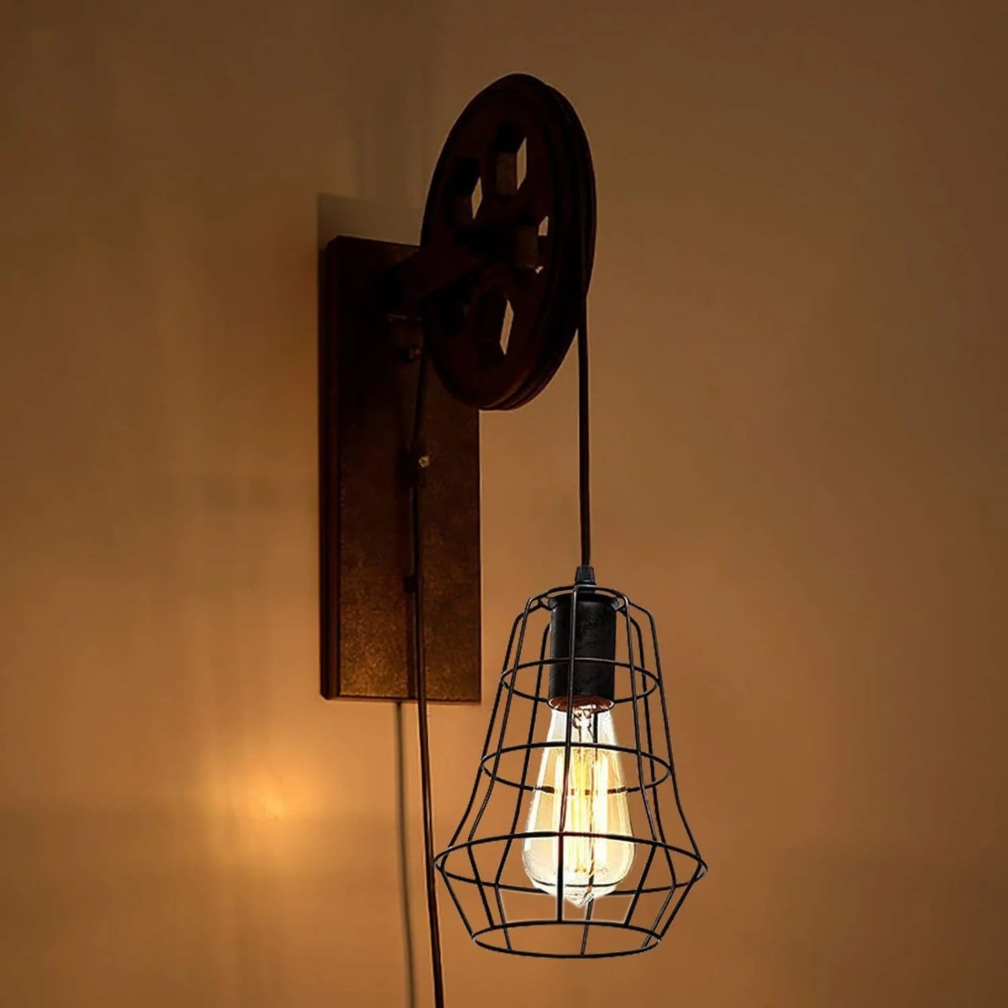 Bymaocar Industrial Wall Sconce Lift Pulley Vintage Iron Cage Lamp