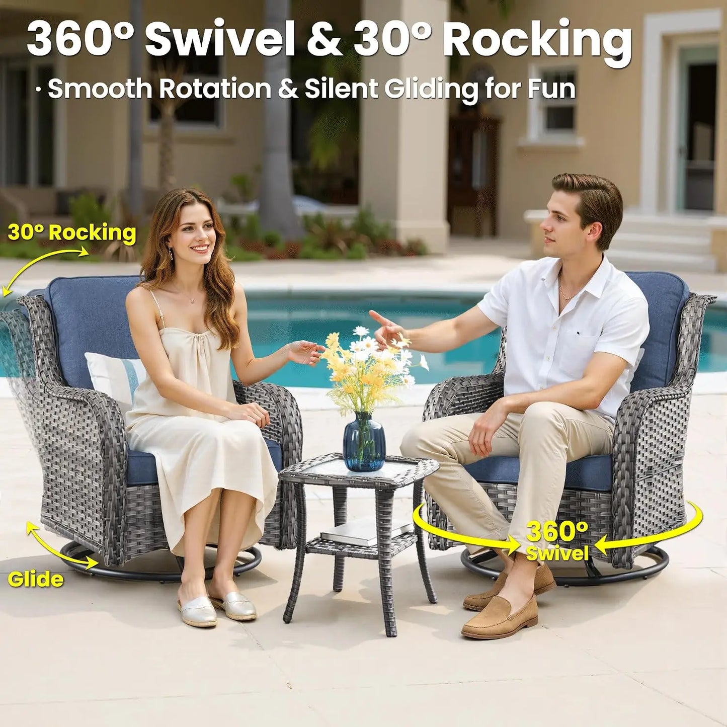 Wicker Patio Set With Swivel Chairs And Side Table Outdoor