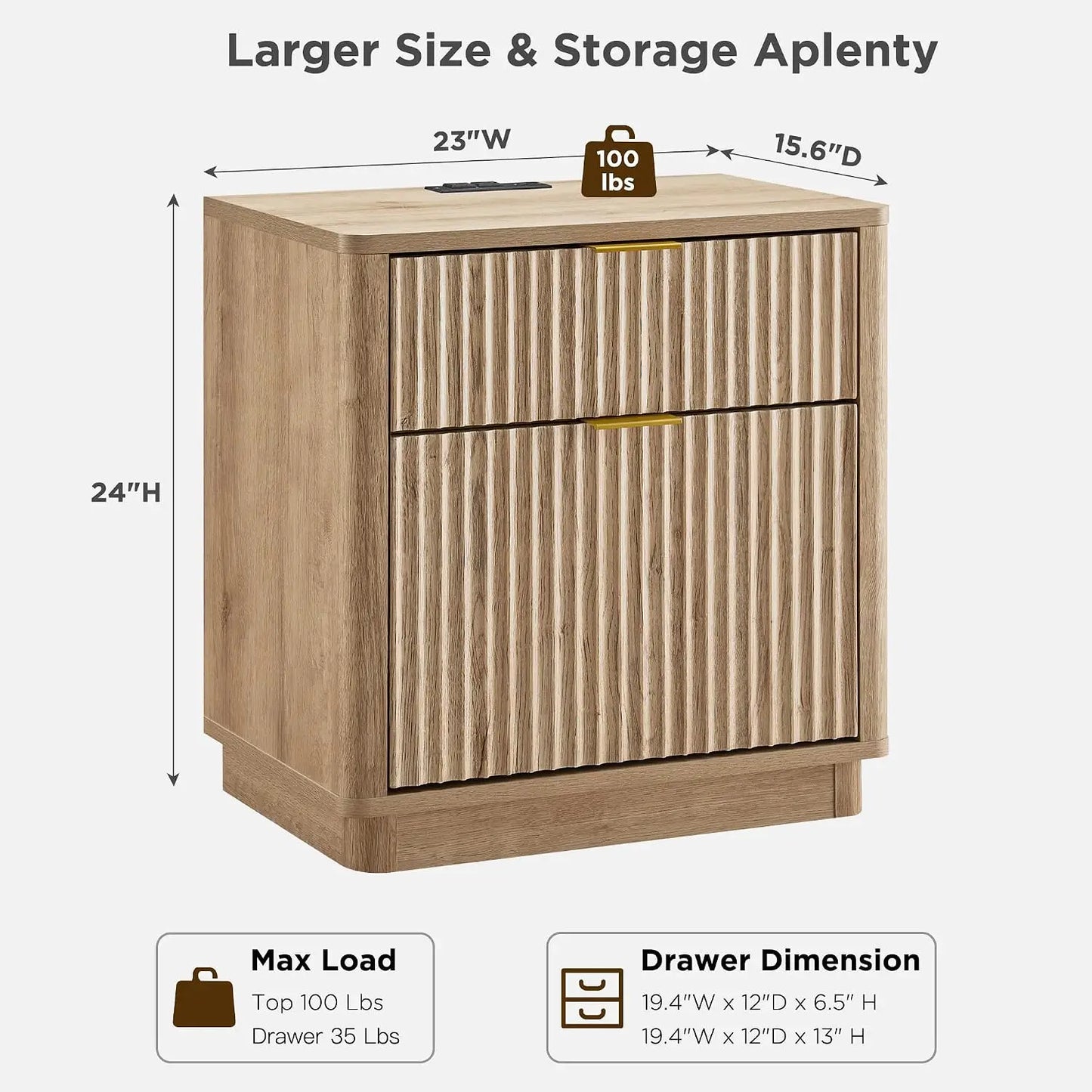 Fluted Nightstand With Charging Station 2 Drawer Modern End Table