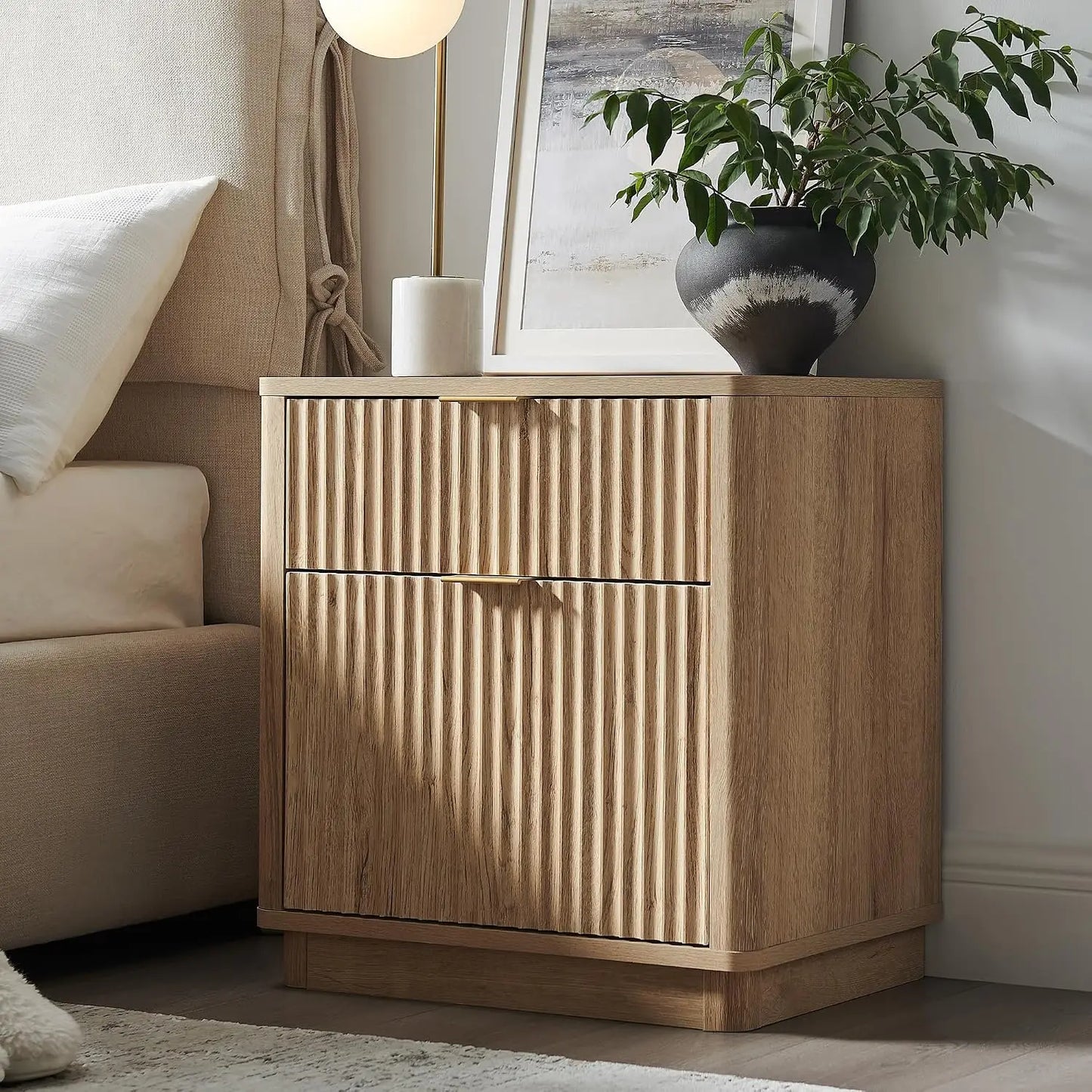Fluted Nightstand With Charging Station 2 Drawer Modern End Table