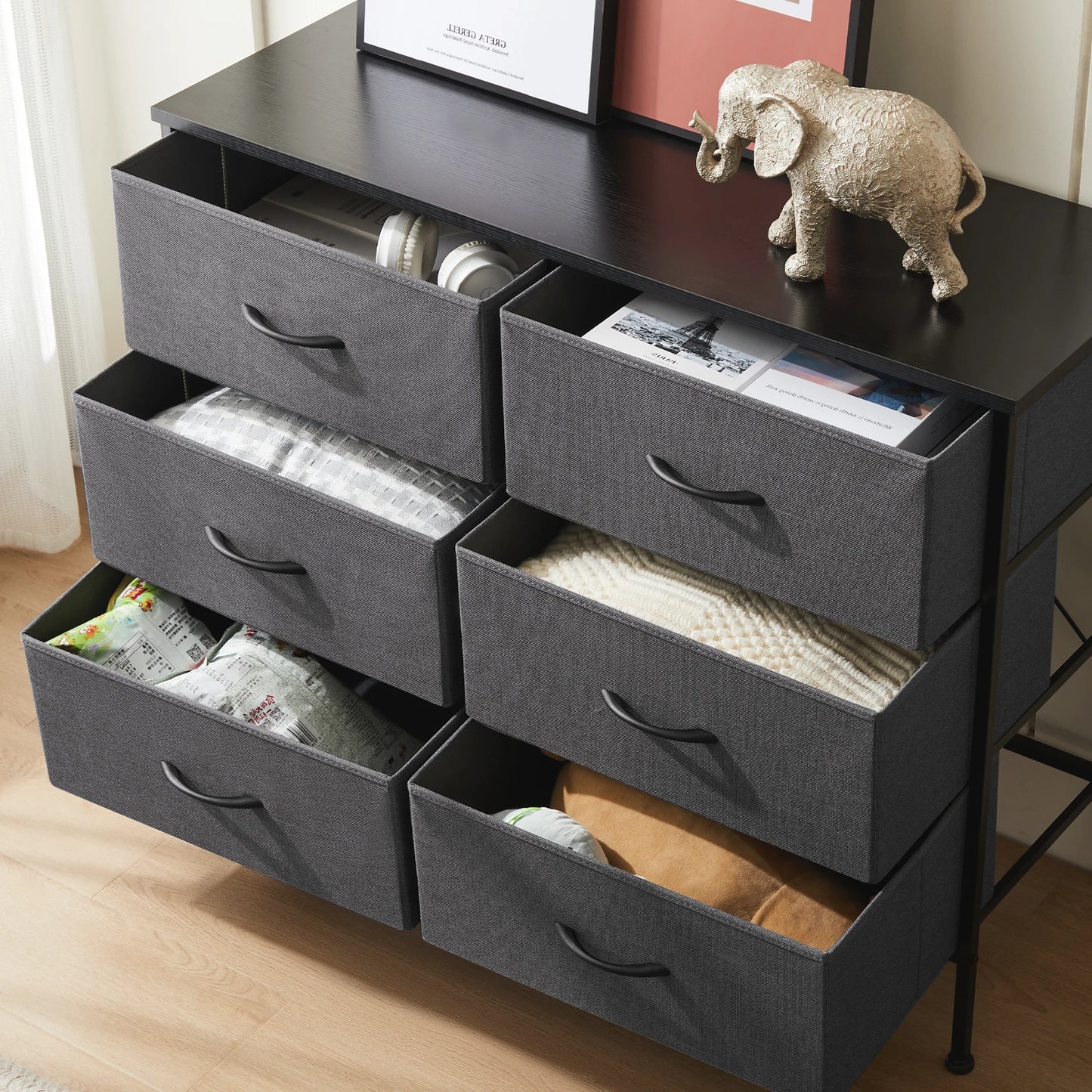 JHK Six Fabric Drawers Nightstand With Storage Cabinet