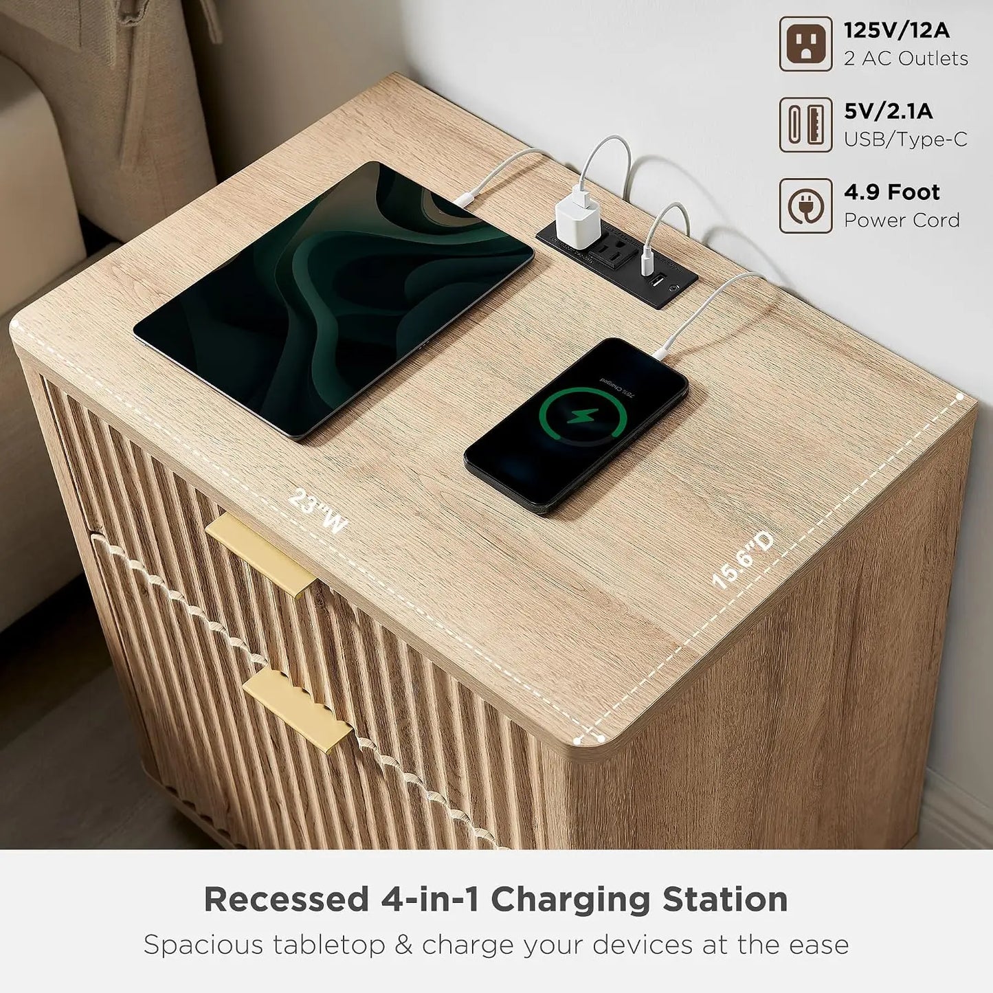 Fluted Nightstand With Charging Station 2 Drawer Modern End Table