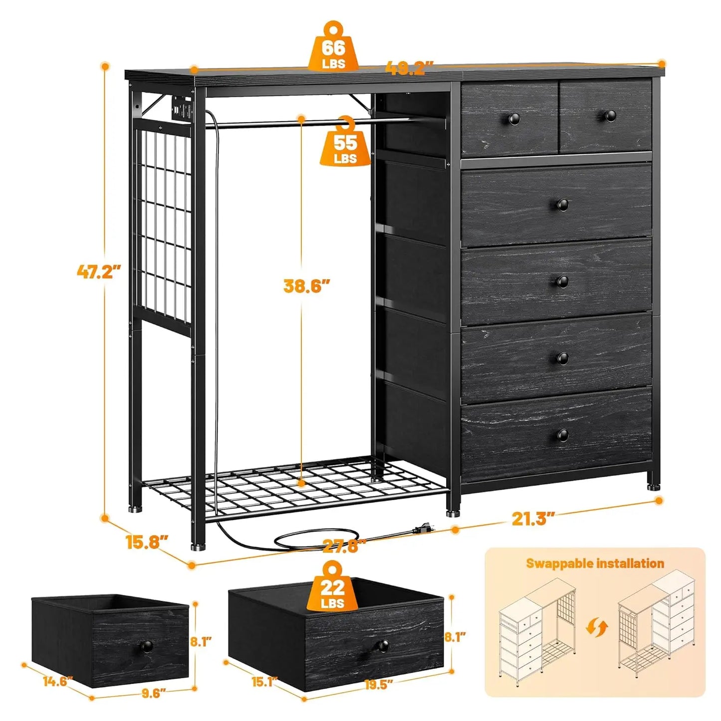 Wooden Dresser With Hanging Rack, 6 Drawers, LED Lights