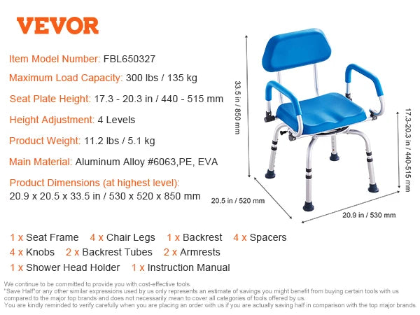 SucceBuy Swivel Shower Chair 360 Adjustable Armrest Non Slip