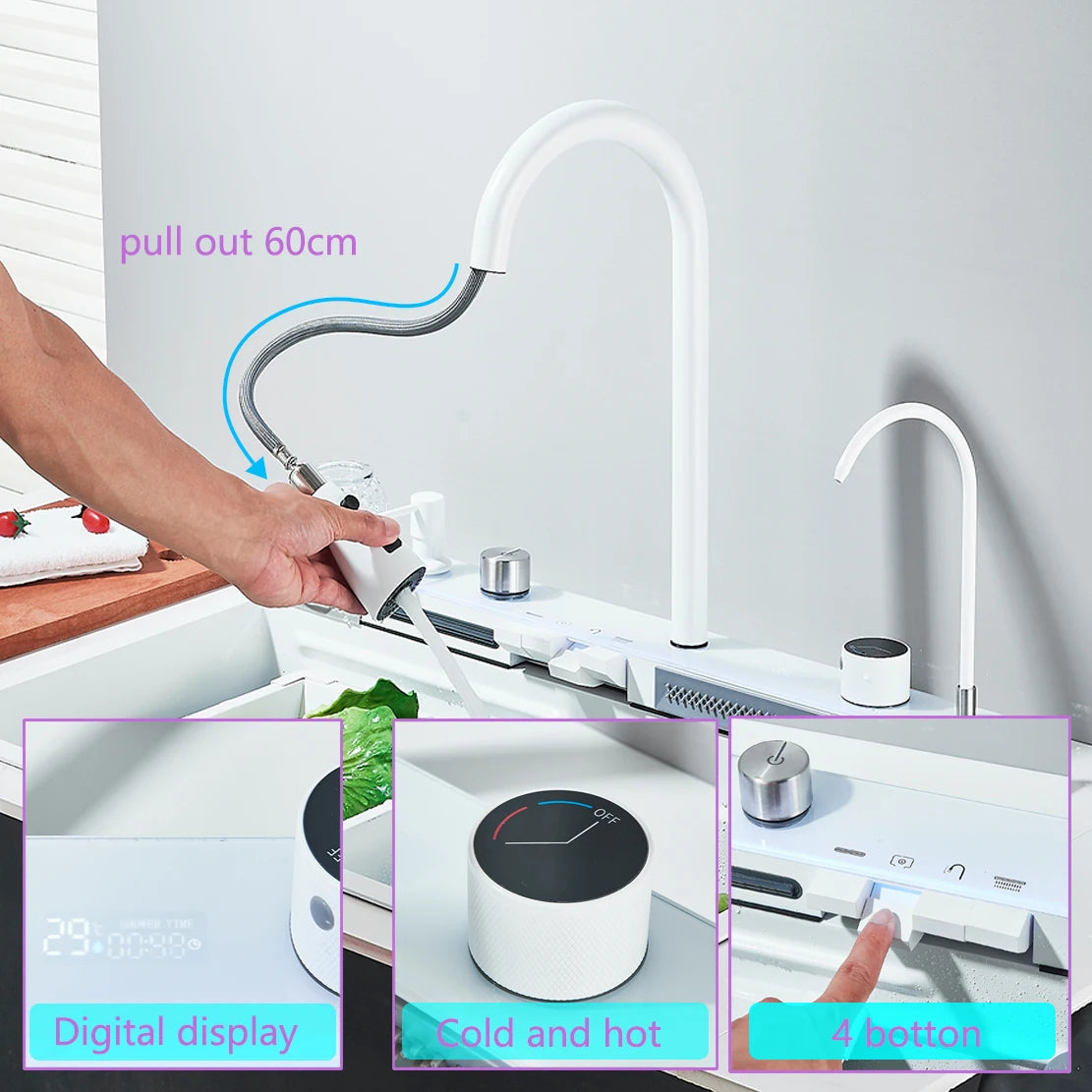 Suguword 304 Stainless Steel Waterfall Kitchen Faucet With Soap Dispenser