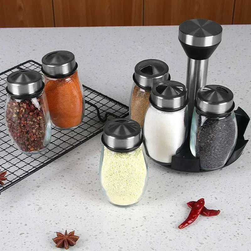 Glass Spice Jar Set With Rack For Seasonings And Salt