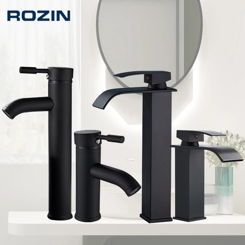 Rozin Matte Black Basin Faucet Deck Mounted Single Lever Waterfall Tap