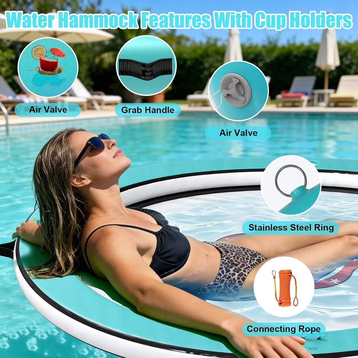 Float Ring With 6 Cup Holders Inflatable Water Hammock