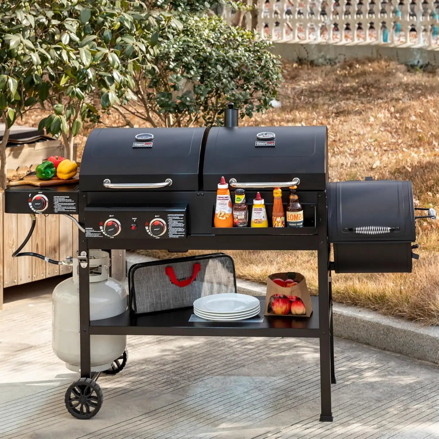 Gas Charcoal Dual Fuel Grill With Offset Smoker System