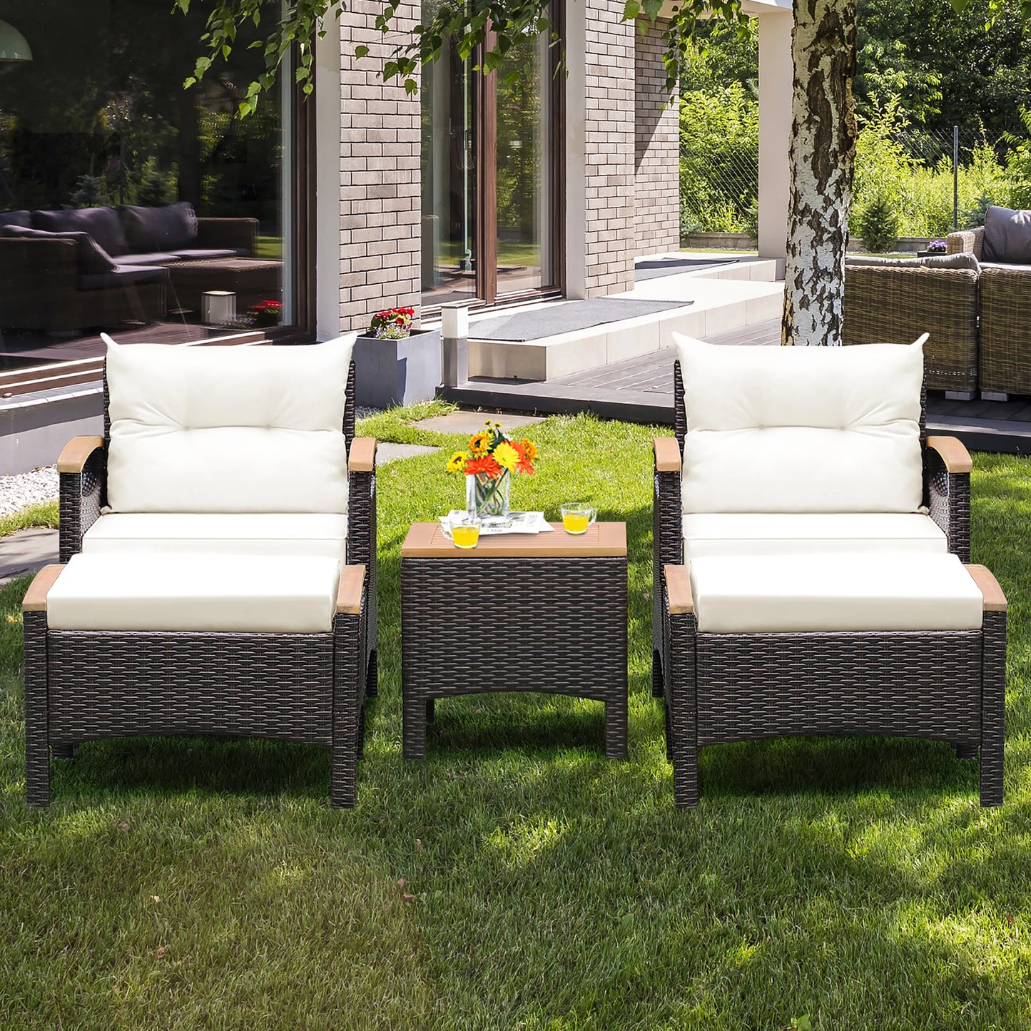 HOMASIS Outdoor Patio Rattan Sofa Set With Wood Top Table