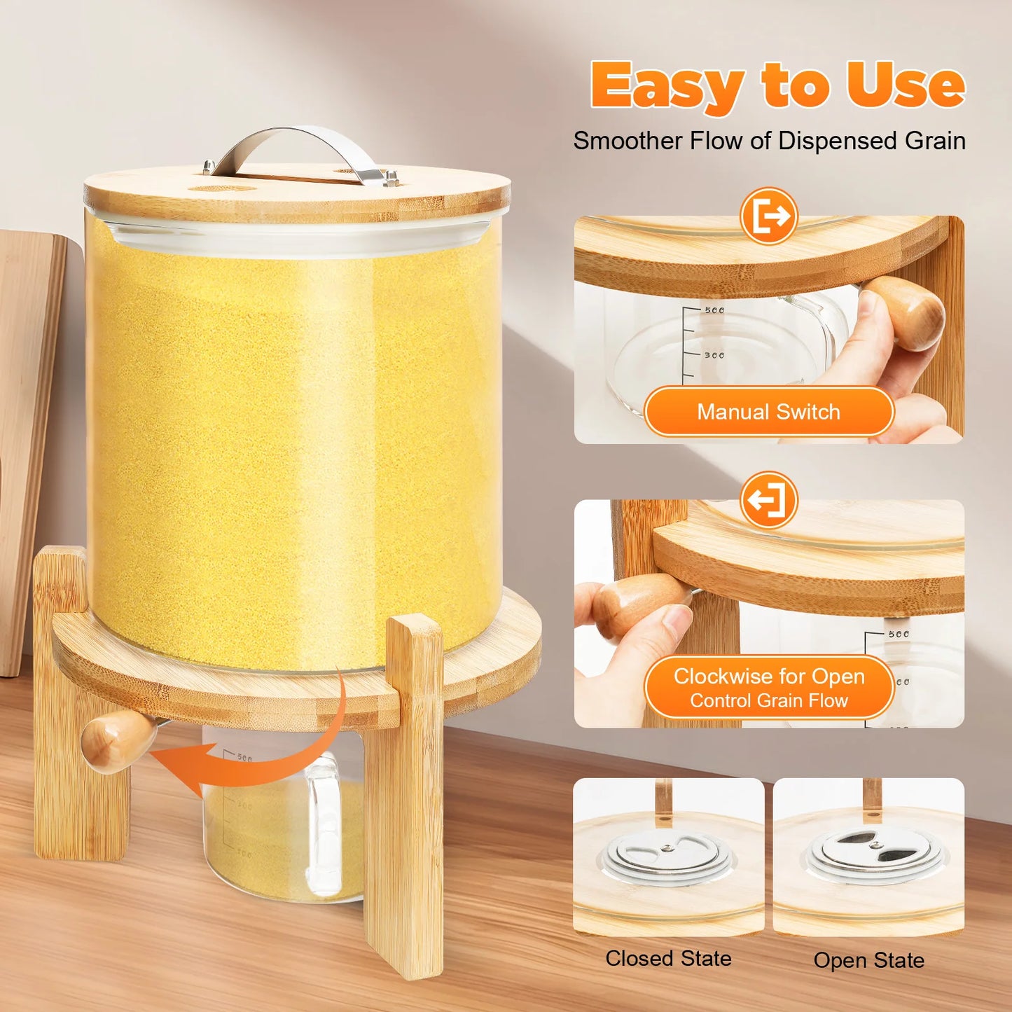 Clear Glass Cereal Dispenser With Airtight Bamboo Lid