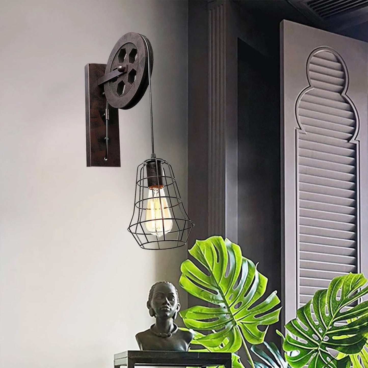 Bymaocar Industrial Wall Sconce Lift Pulley Vintage Iron Cage Lamp