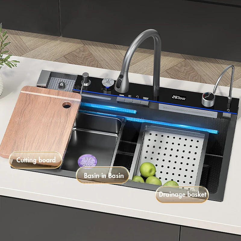 MYQualife 304 Stainless Steel Waterfall Kitchen Sink Faucet Set Digital Display