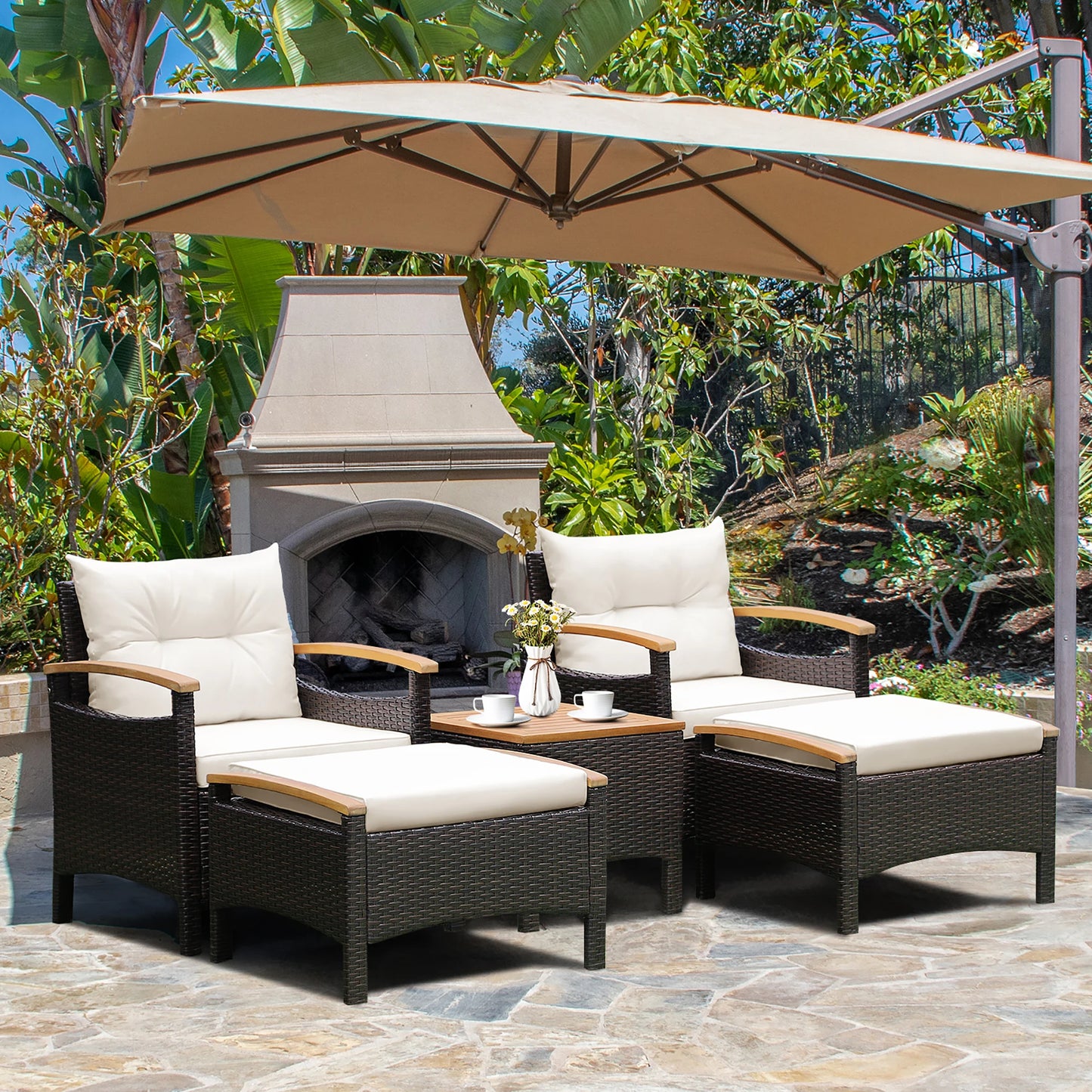 HOMASIS Outdoor Patio Rattan Sofa Set With Wood Top Table