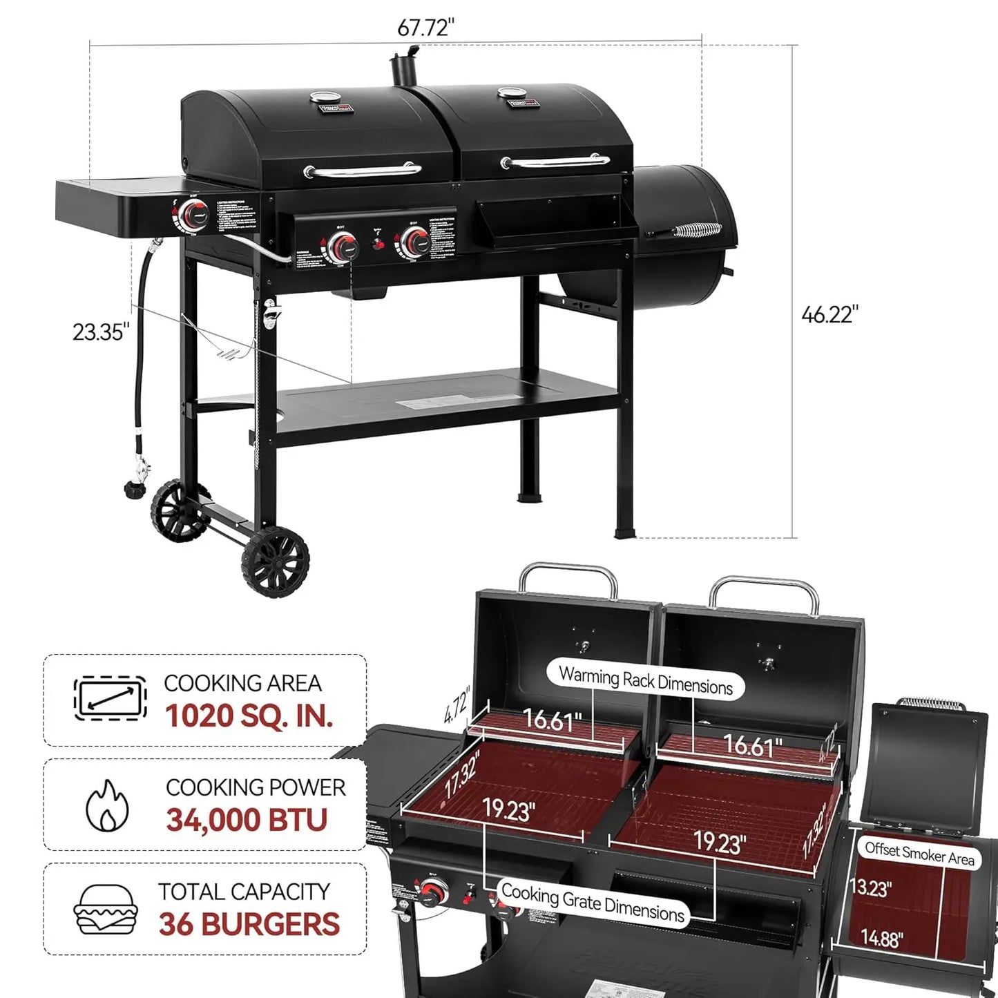 Gas Charcoal Dual Fuel Grill With Offset Smoker System