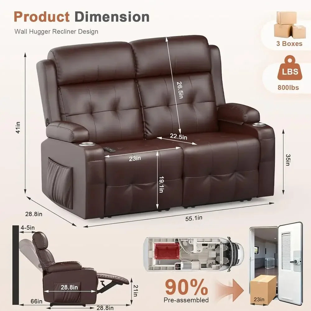 RV Loveseat Recliner Sofa Wall Hugger USB Massage Cup Holders