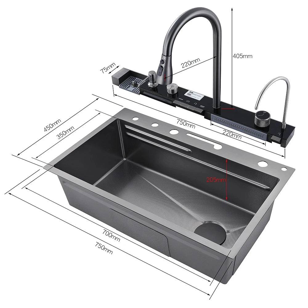 MYQualife 304 Stainless Steel Waterfall Kitchen Sink Faucet Set Digital Display