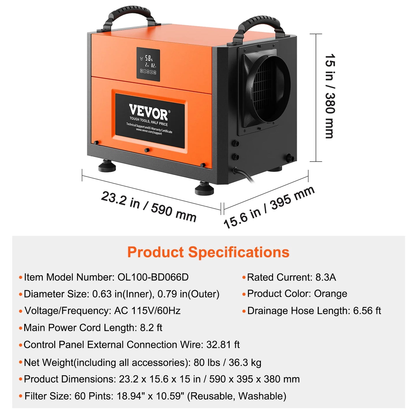VEVOR Commercial Dehumidifier With Drain Hose For Crawl Spaces Basements