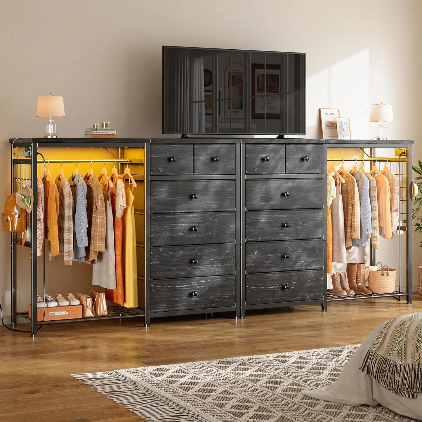 Wooden Dresser With Hanging Rack, 6 Drawers, LED Lights