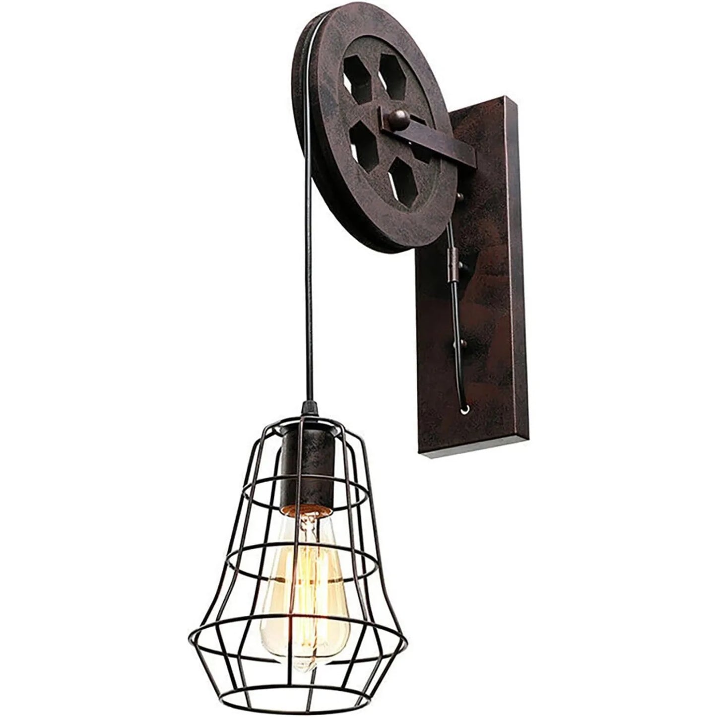 Bymaocar Industrial Wall Sconce Lift Pulley Vintage Iron Cage Lamp