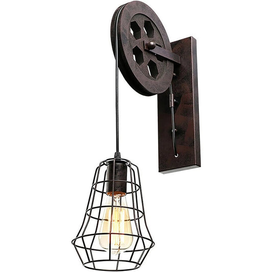 Bymaocar Industrial Wall Sconce Lift Pulley Vintage Iron Cage Lamp
