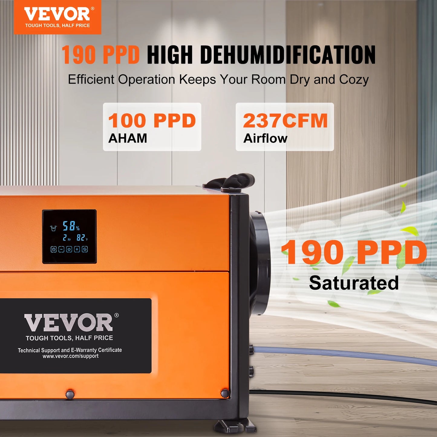 VEVOR Commercial Dehumidifier With Drain Hose For Crawl Spaces Basements