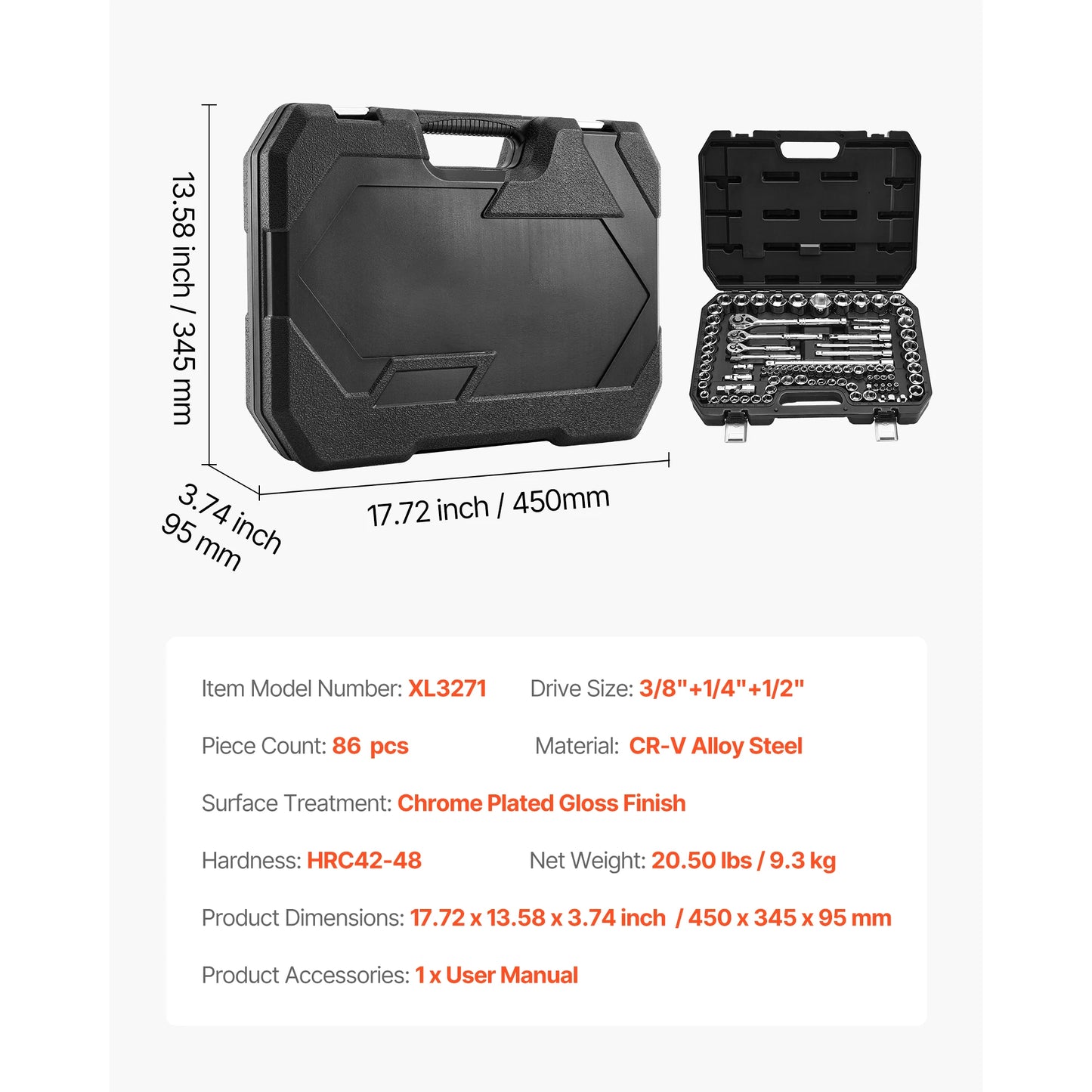 SucceBuy 86 Piece Socket Set Ratchet SAE Metric Tools