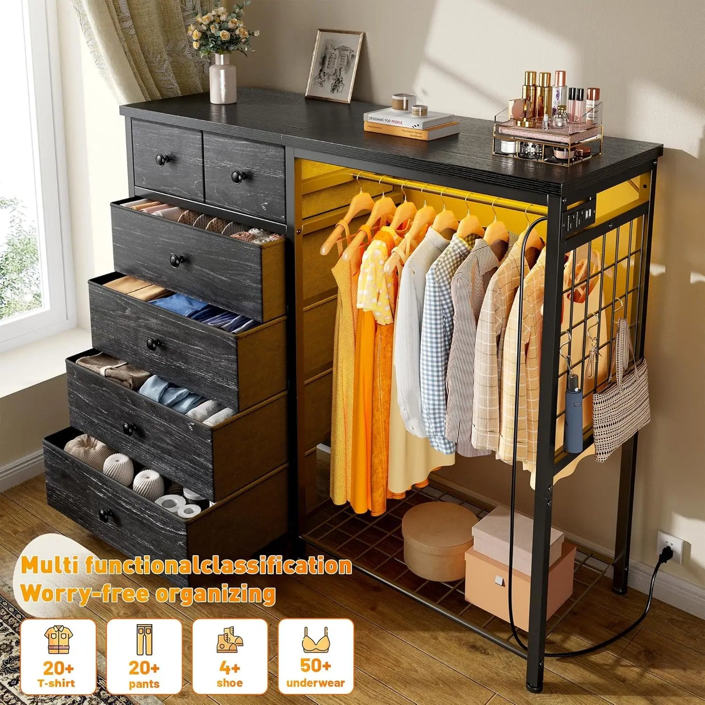 Wooden Dresser With Hanging Rack, 6 Drawers, LED Lights