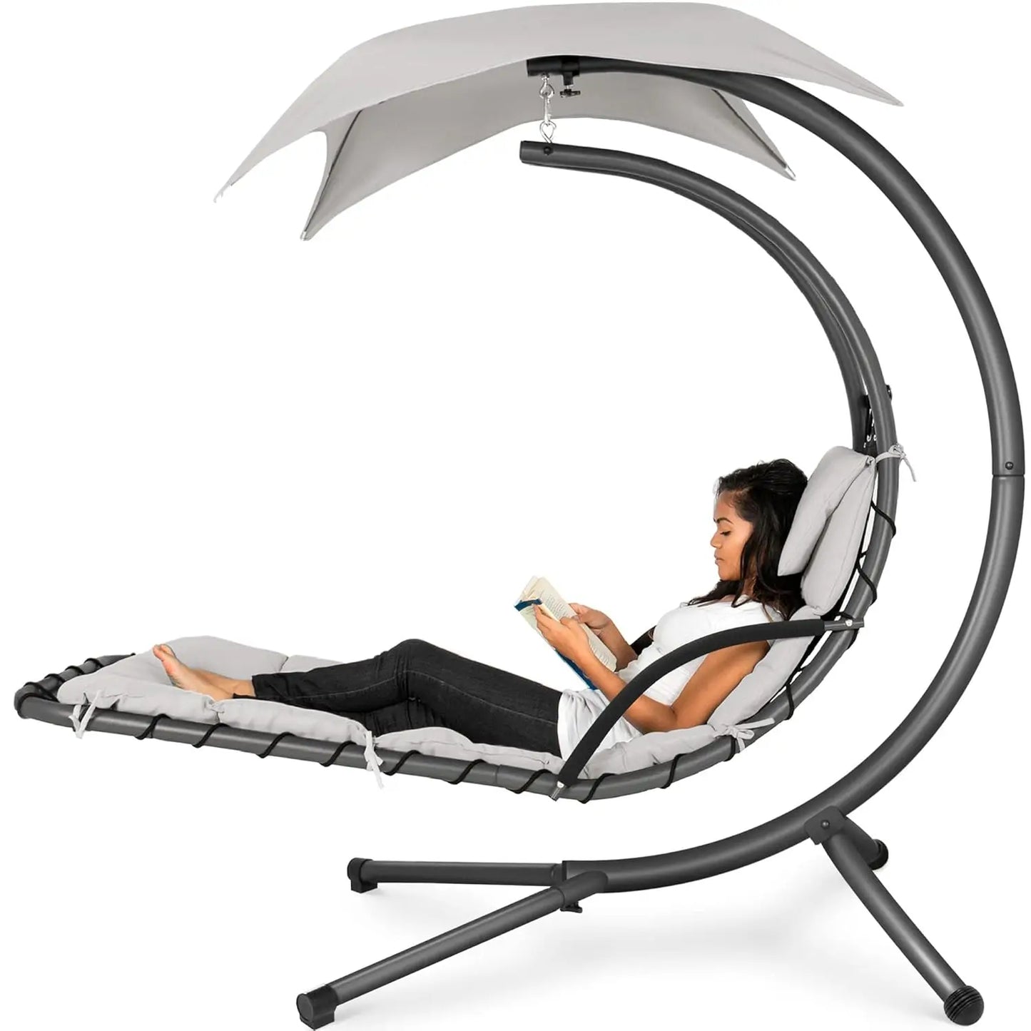 Curved Steel Outdoor Hanging Chaise Lounge With Built In Pillow