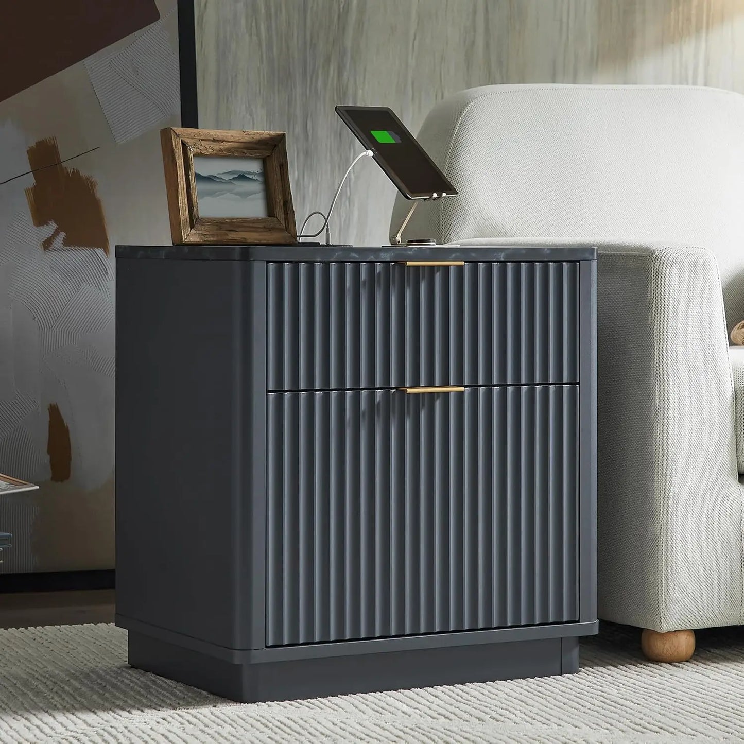 Fluted Nightstand With Charging Station 2 Drawer Modern End Table