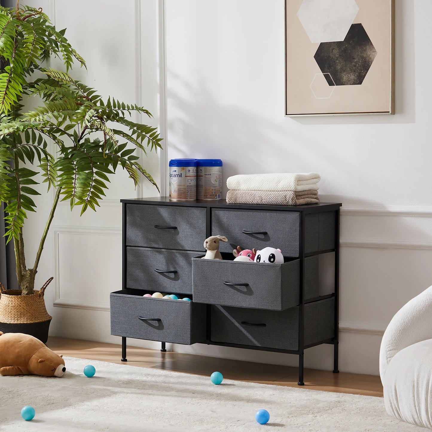 JHK Six Fabric Drawers Nightstand With Storage Cabinet