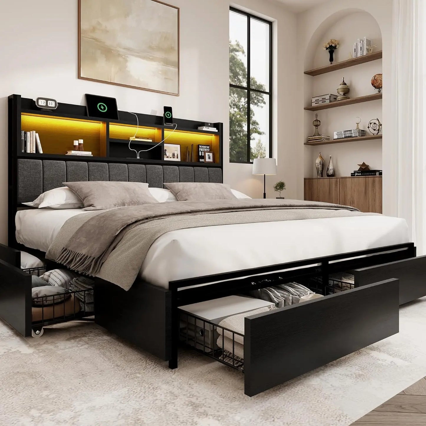 Storage Bed Frame With 6 Drawers And USB Charging Station