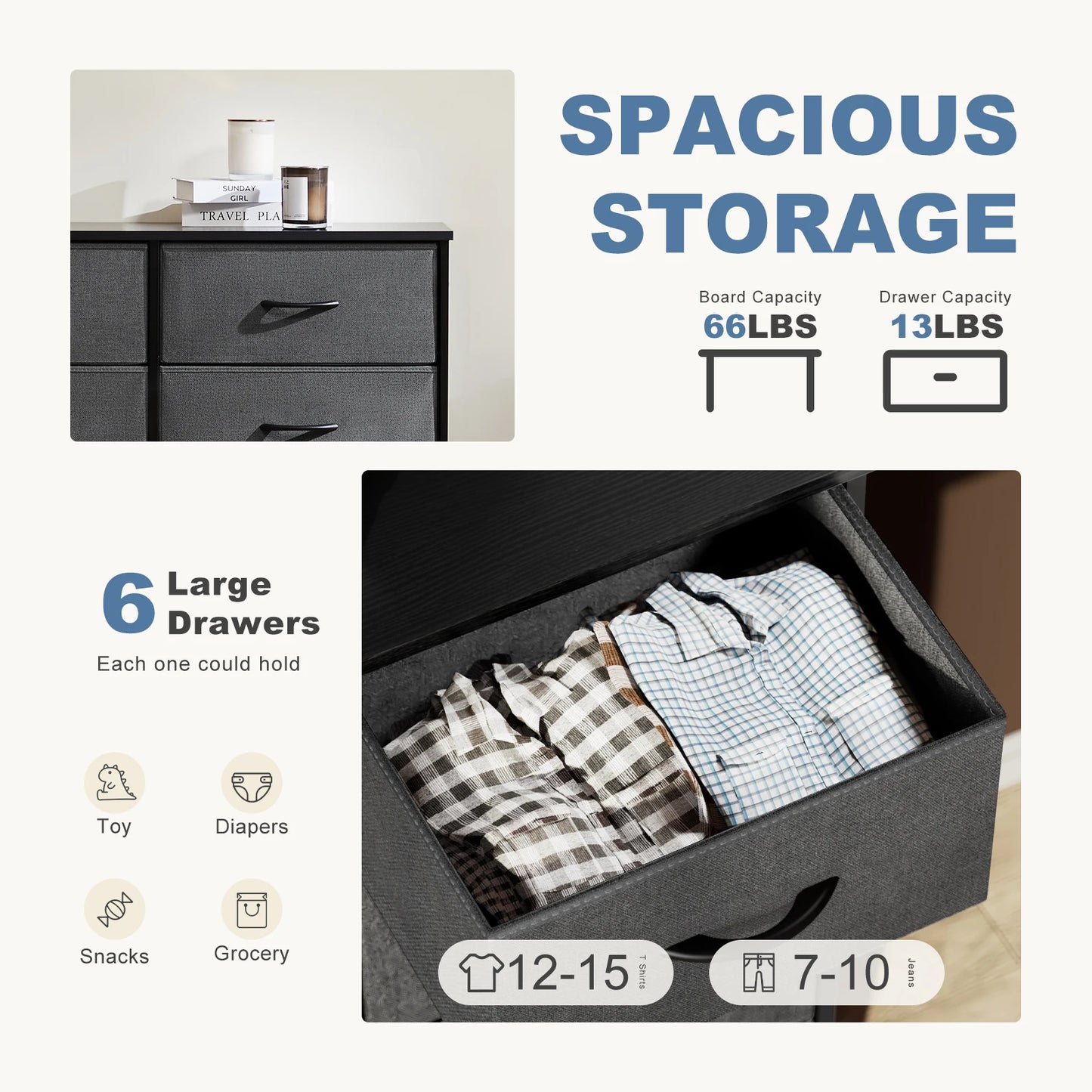 JHK Six Fabric Drawers Nightstand With Storage Cabinet