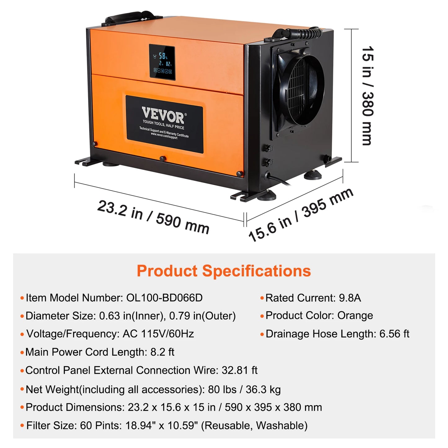 VEVOR Commercial Dehumidifier With Drain Hose For Crawl Spaces Basements