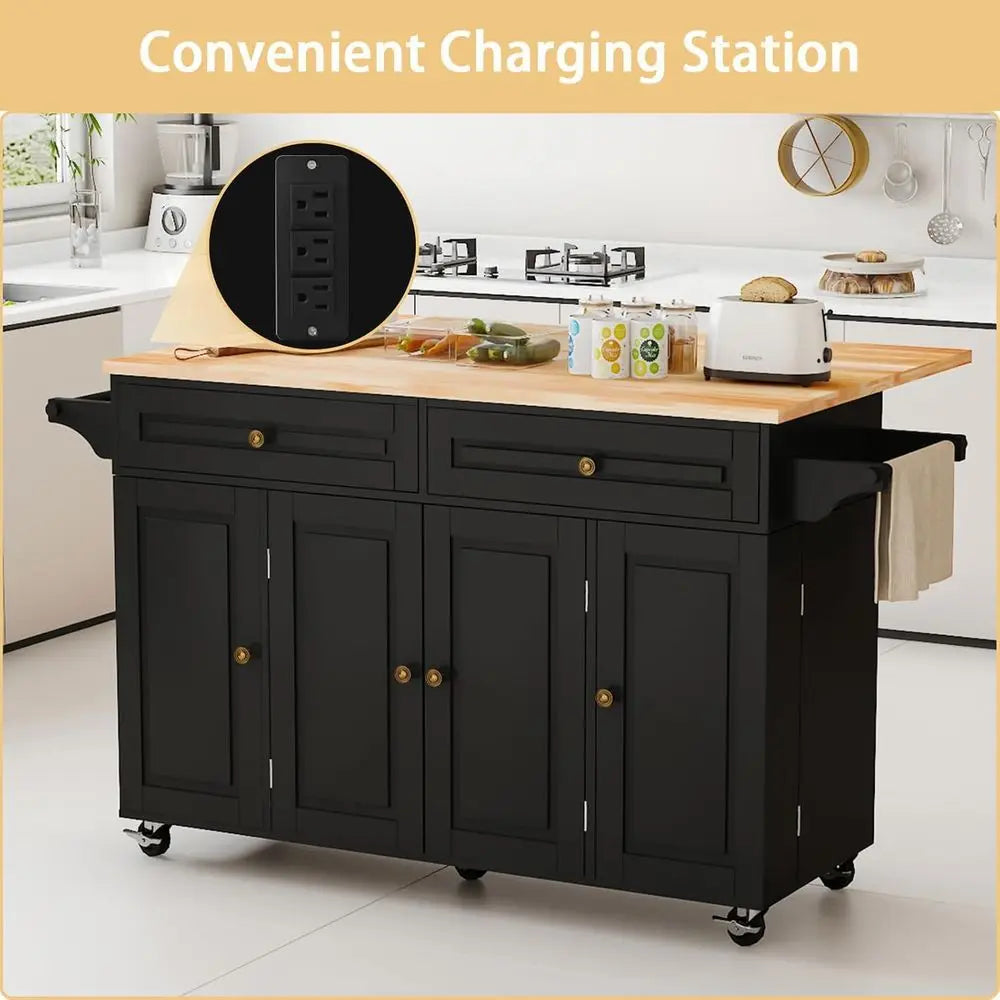 Rolling Kitchen Island Cart With Drop Leaf And Power Outlet