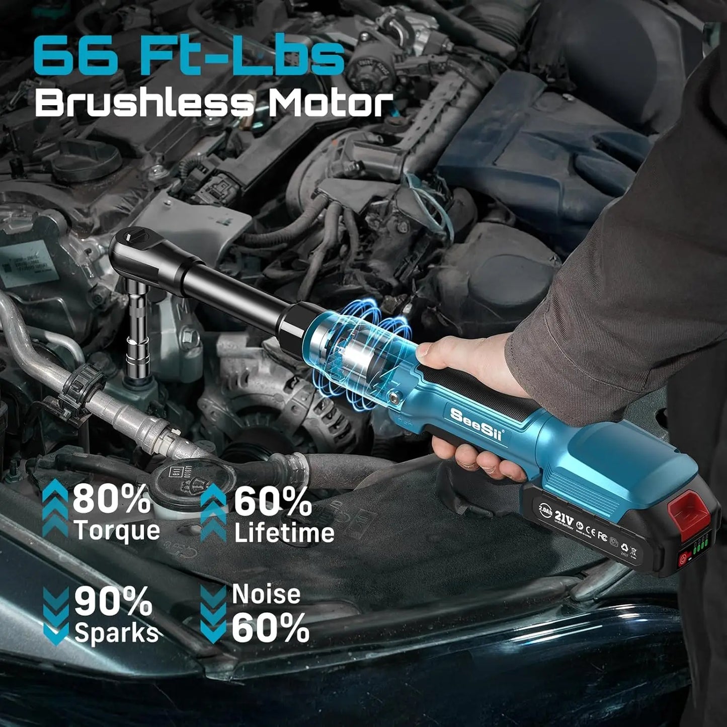 Seesii 21V Extended Electric Ratchet Wrench 80 Nm Cordless