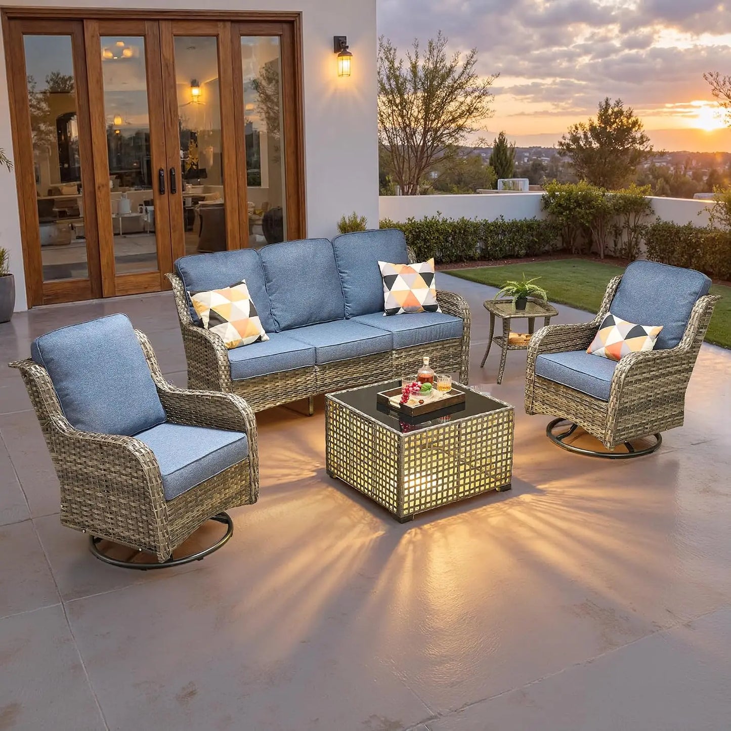 Wicker Patio Set With Swivel Chairs And Side Table Outdoor
