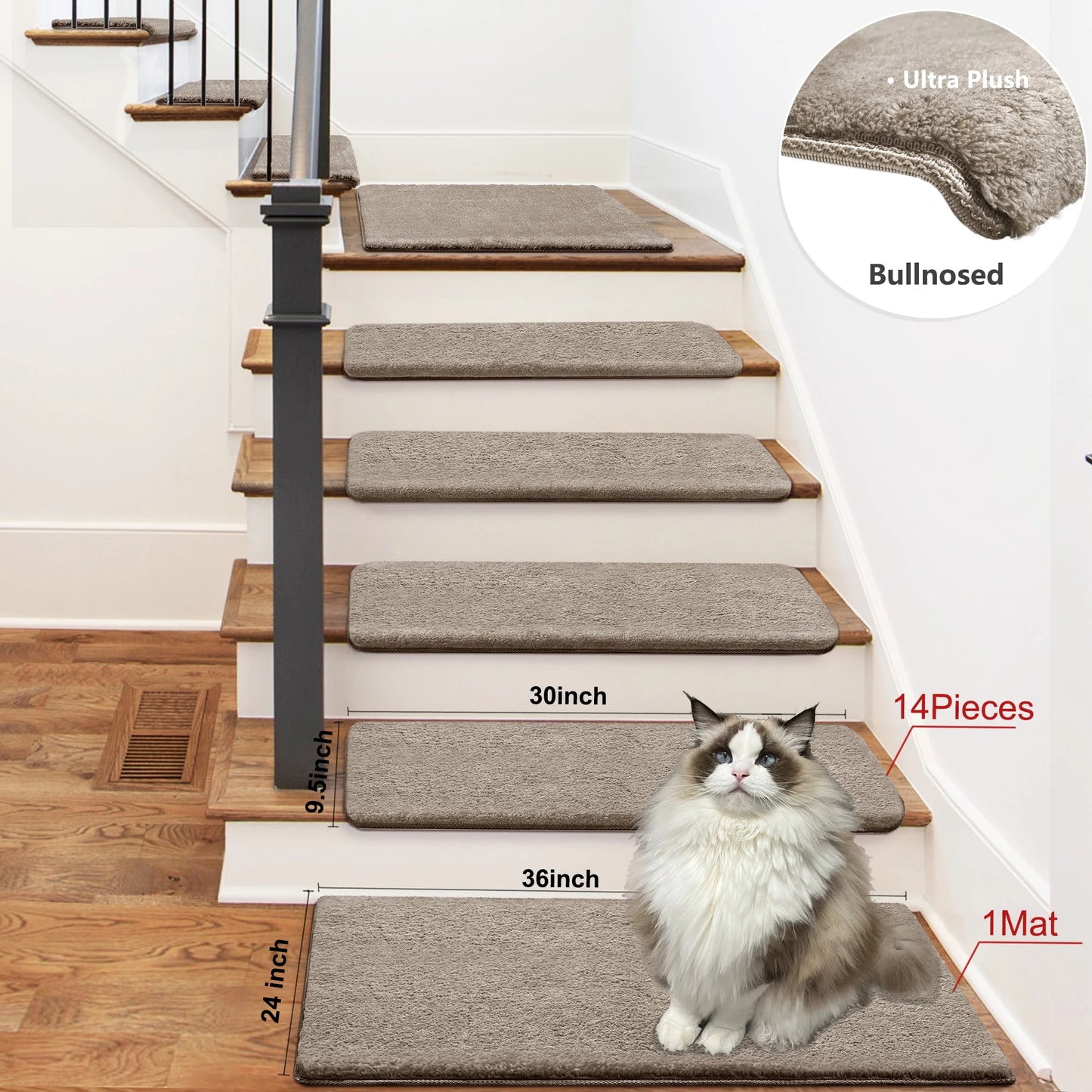 Bullnose Non Slip Stair Treads Ultra Plush Washable Self Adhesive Mats