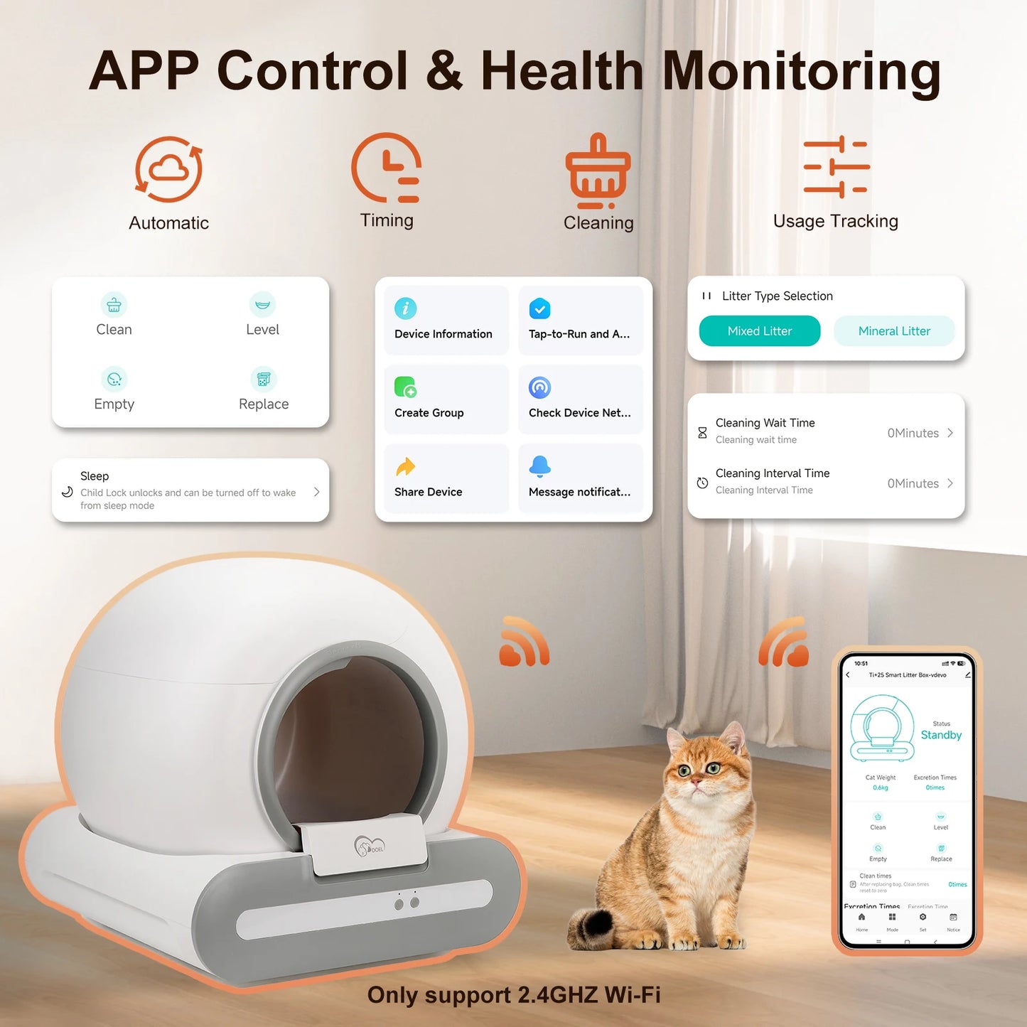 DOEL Self Cleaning Cat Litter Box App Control 2.4G WiFi