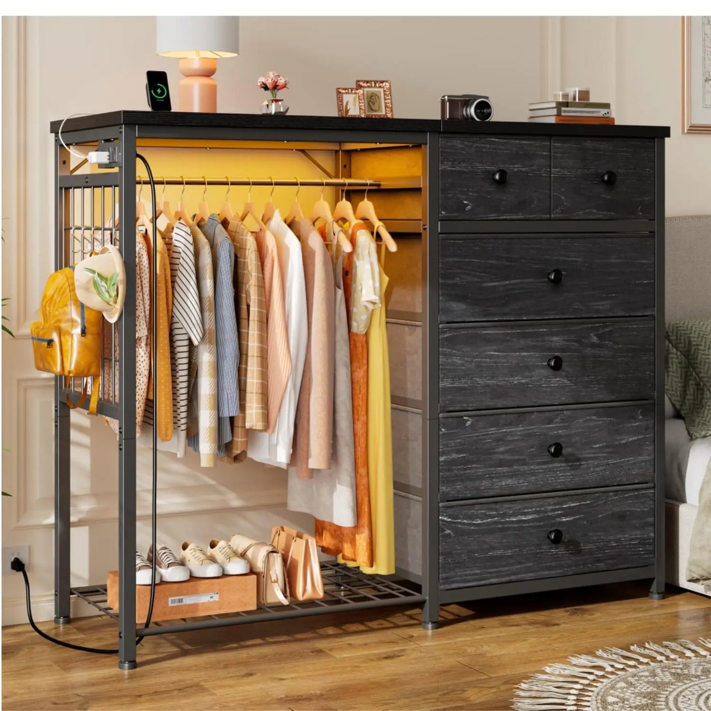 Wooden Dresser With Hanging Rack, 6 Drawers, LED Lights