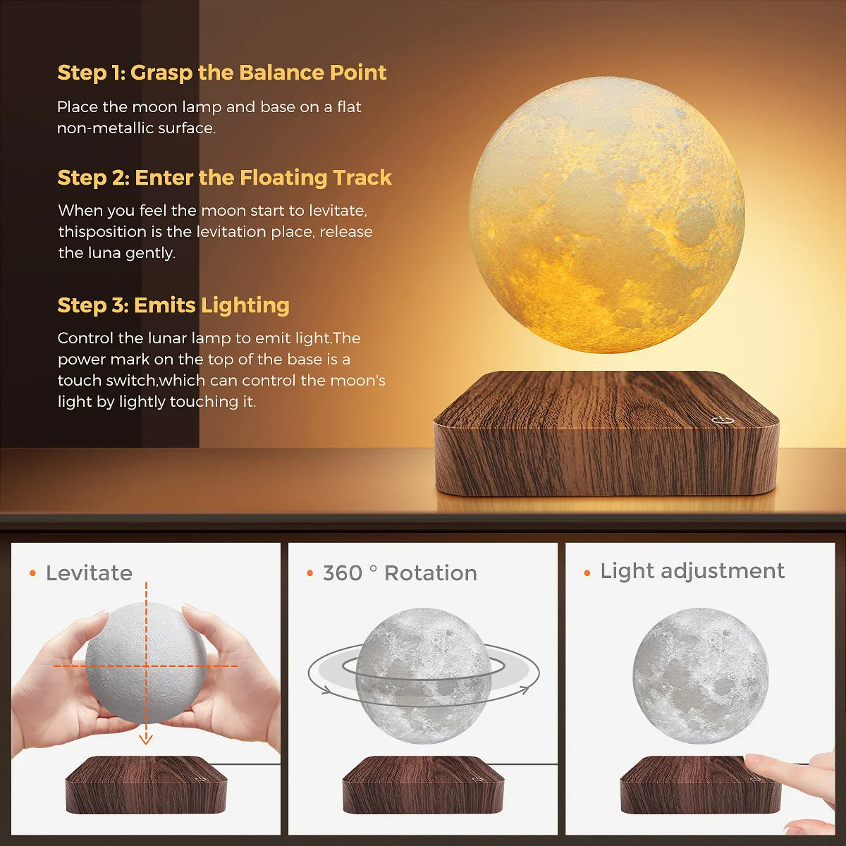 Mexllex Magnetic Floating Moon Lamp With Wooden Base and LEDs