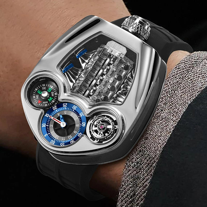 PINDU Design Men's Watch Luxury Business Compass Quartz Silicone Strap