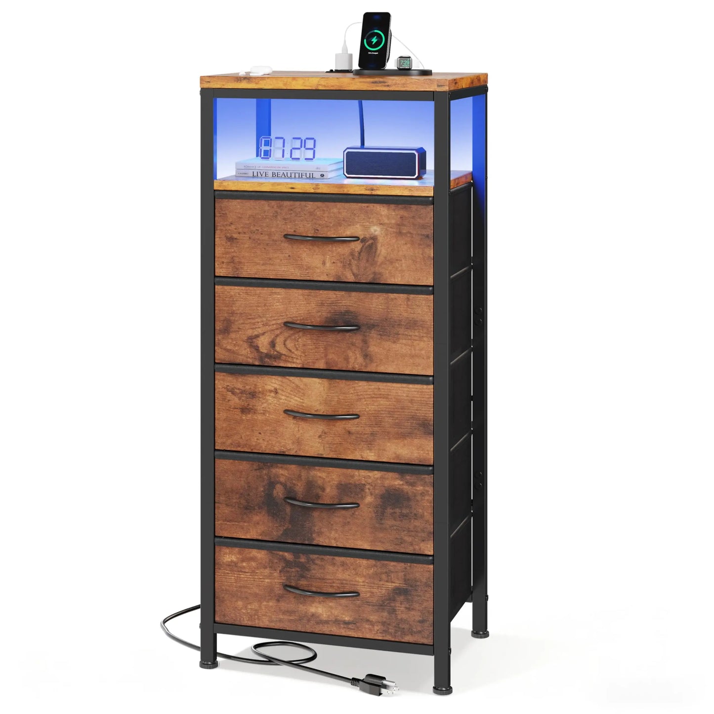 JHK Five-Drawer Dresser Nightstand With Charging Station And Outlets