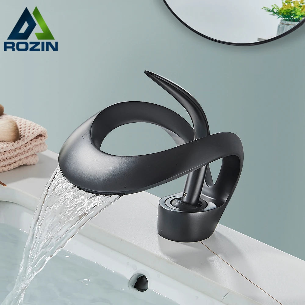 Rozin Waterfall Basin Faucet Bathroom Deck Mount Hot Cold Mixer Tap