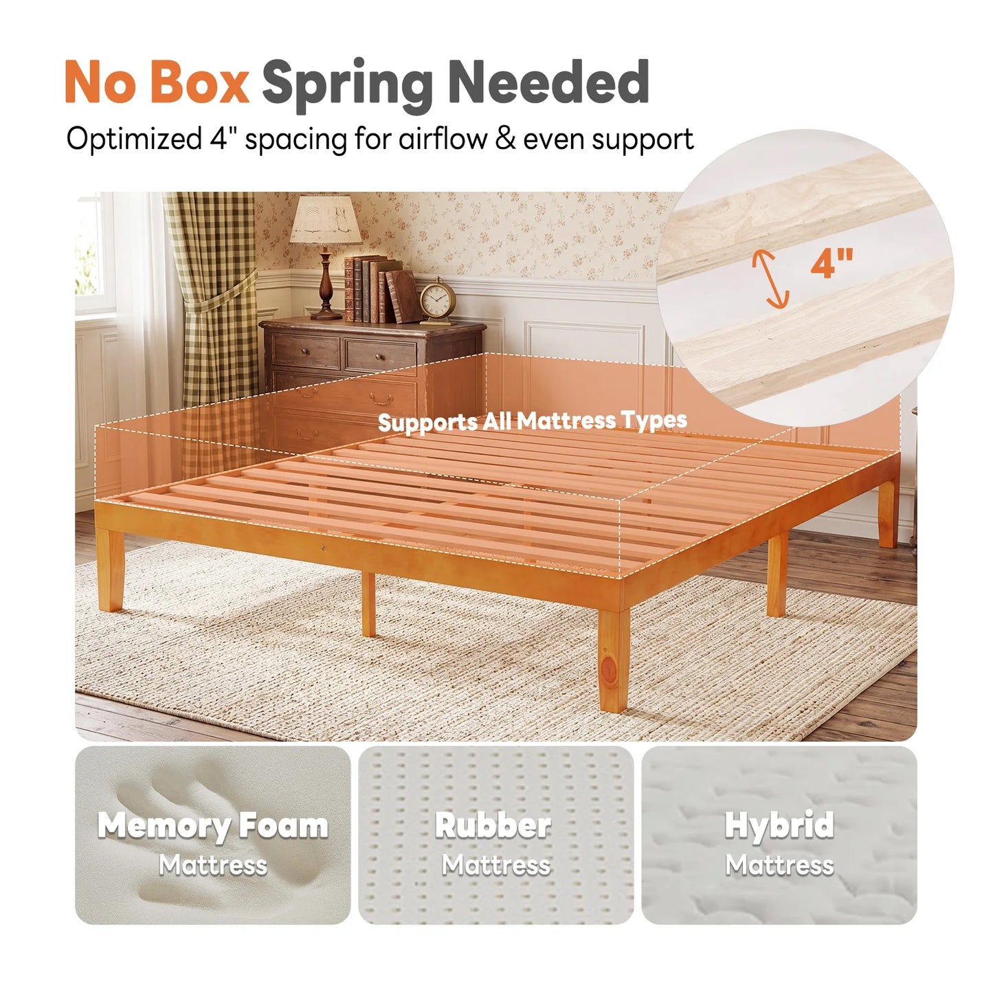 MCQ Platform Bed Frame With Wood Slats Noise Free Assembly
