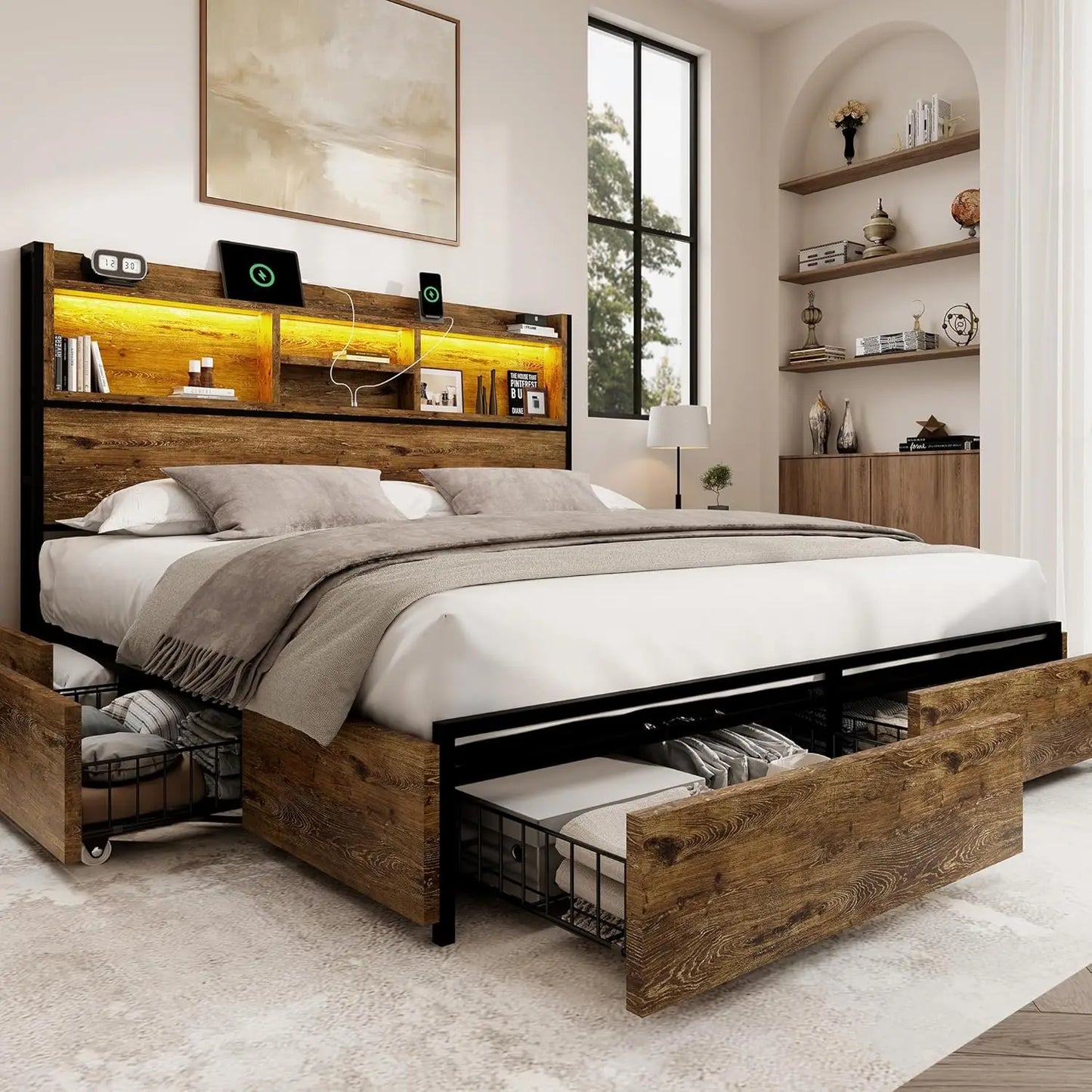 Storage Bed Frame With 6 Drawers And USB Charging Station