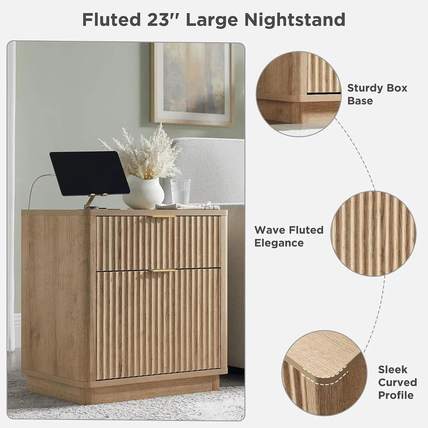Fluted Nightstand With Charging Station 2 Drawer Modern End Table